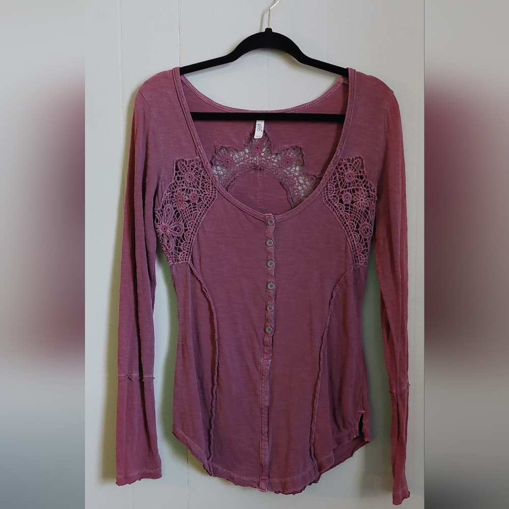 Free People Berry Colored Long Sleeve Shirt with Lace Cutouts